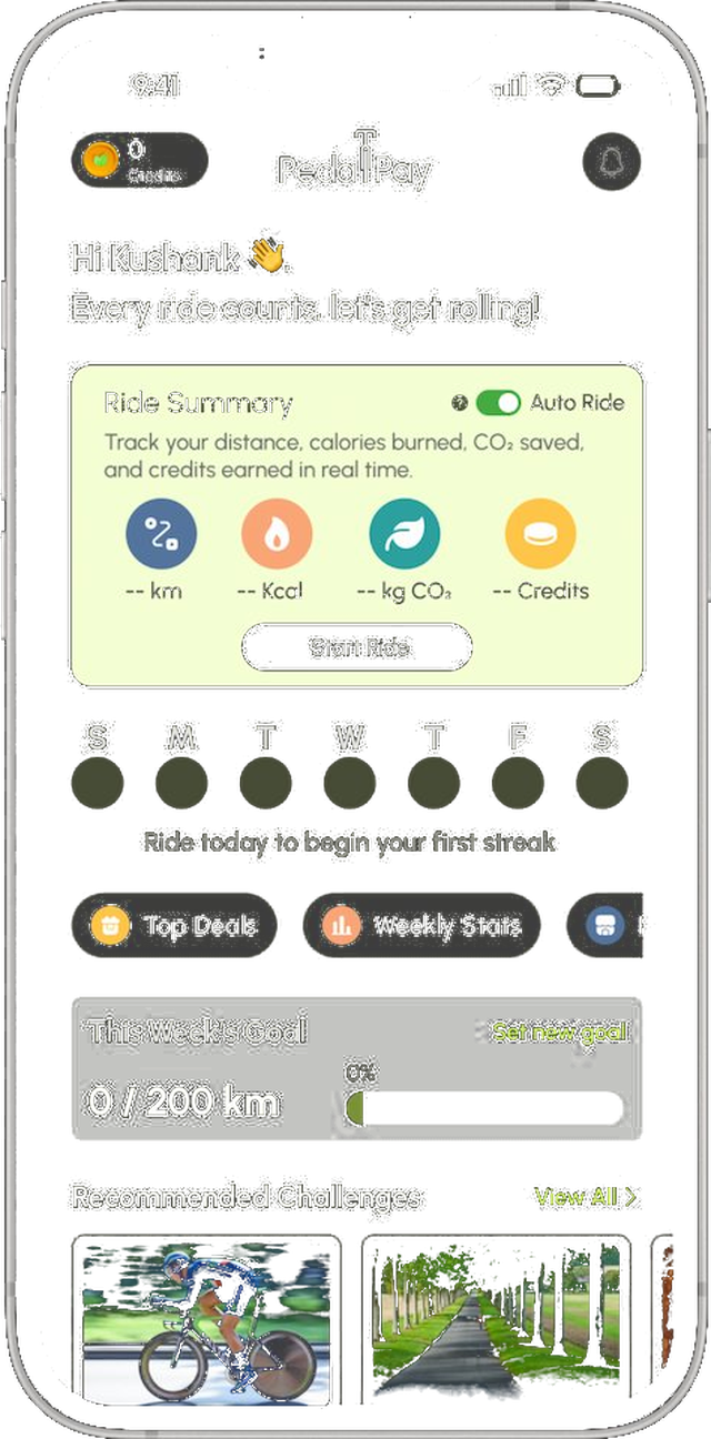 PedalPay app on Android — ride summary, credits and challenges