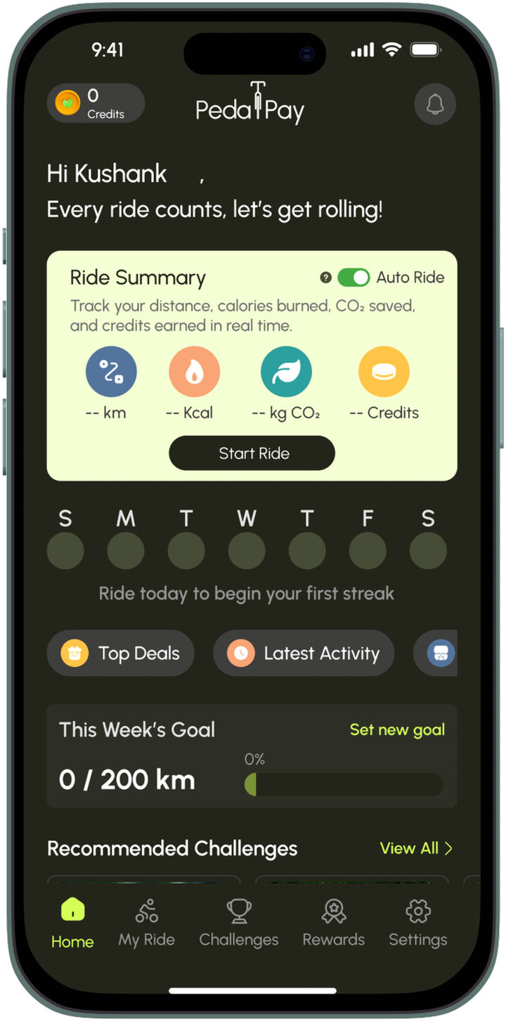 PedalPay app homescreen in phone mockup